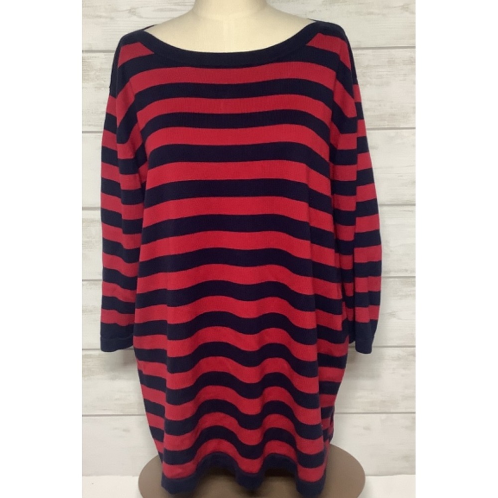 Belle By Kim Gravel 2x Wide Striped Sweater Top Lightweight 3/4 sleeve red blue